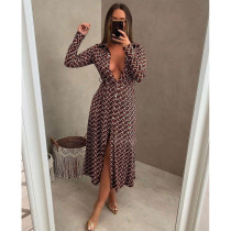 EVE Casual Printed Long Sleeve Sashes Long Dress CY-6594