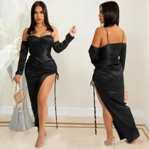 EVE Sexy Solid Off Shoulder Drawstring Split Club Dress BY-5608