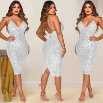 EVE Sexy Sequin V Neck Spaghetti Strap Midi Club Dress BY-5611