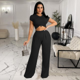 EVE Solid Short Sleeve Wide Leg Pants Two Piece Sets FOSF-8117