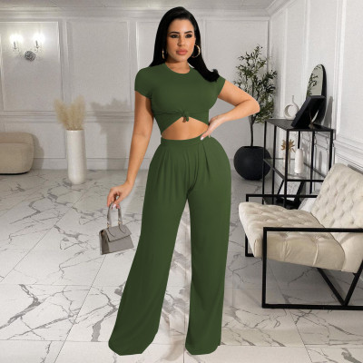 EVE Solid Short Sleeve Wide Leg Pants Two Piece Sets FOSF-8117
