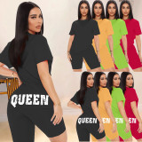 EVE QUEEN Letter Print T Shirt And Shorts 2 Piece Suits WAF-741525