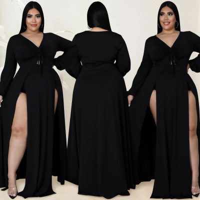 EVE Plus Size Solid V Neck Long Sleeve High Split Maxi Dress (With Underpants)BY-5610