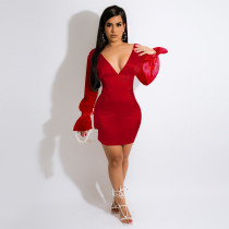 EVE Sexy Solid V Neck Long Sleeve Mini Dress HNIF-074