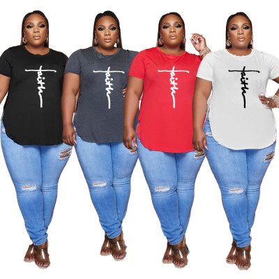 EVE Plus Size Letter Print O Neck Short Sleeve T Shirt HNIF-014