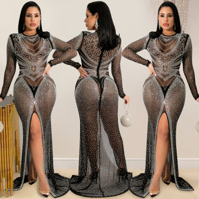 EVE Sexy Hot Drilling See Through Split Night Club Maxi Dress BY-5595
