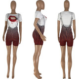 EVE Gradient Houndstooth Strap Shorts+Lip T Shirt 2 Piece Sets NYMF-CL221