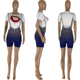 EVE Gradient Houndstooth Strap Shorts+Lip T Shirt 2 Piece Sets NYMF-CL221