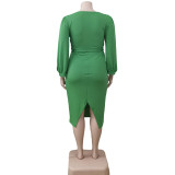 EVE Plus Size Solid V Neck Long Sleeve Sashes Midi Dress WAF-77249