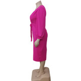 EVE Plus Size Solid V Neck Long Sleeve Sashes Midi Dress WAF-77249