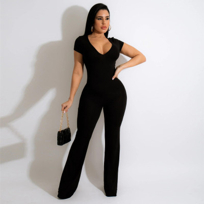 EVE Solid Short Sleeve Flared Jumpsuit SFY-2160