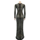 EVE Sexy Hot Drilling Mesh See Through Long Club Dress BY-5606