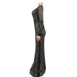 EVE Sexy Hot Drilling Mesh See Through Long Club Dress BY-5606