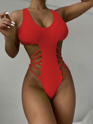 Solid Sexy Hollow Out Bikini One-Piece Swimsuit CASF-6293