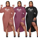 EVE Plus Size Pink Letter Long Sleeve Midi Dress XMF-098