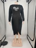 EVE Plus Size Pink Letter Long Sleeve Midi Dress XMF-098