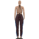 EVE Plus Size Tassel Halter Bra Top+PU Leather Pants 2 Piece Sets OSIF-21480