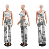 EVE Geometric Print One Shoulder Wide Leg Pants 2 Piece Sets NY-6002