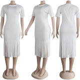 EVE Plus Size Solid Tassel O Neck Short Sleeve Midi Dress NY-8837