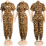 EVE Leopard Print Short Sleeve Sashes Jumpsuit NY-8893