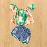 EVE Kids Girl Tie Dye Slash Neck Top+Ripped Jeans Shorts Suits YKTZ-2222