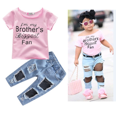 EVE Kids Girl Letter T Shirt+Ripped Jeans Pants 2 Piece Sets YKTZ-G06