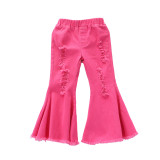 EVE Kids Girl Rose Red Denim Ripped Flared Jeans Pants YKTZ-2206-1