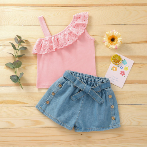 EVE Kids Girl One Shoulder Top+Jeans Shorts 2 Piece Sets YKTZ-21