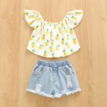 EVE Kids Girl Pineapple Print Top+Ripped Jeans Shorts Suits YKTZ-2209-1