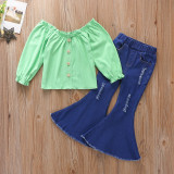 EVE Kids Girl Long Sleeve Top+Ripped Flared Jeans Suits YKTZ-3002