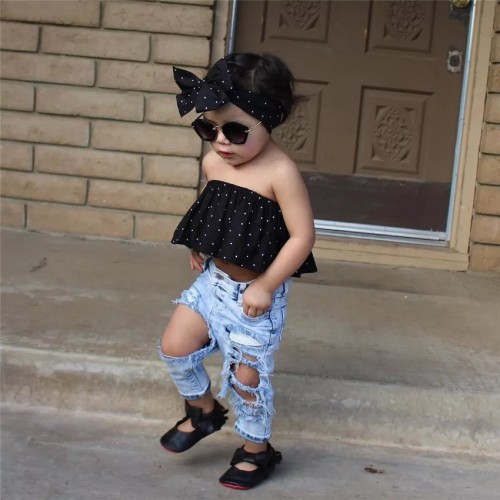 EVE Kids Girl Dot Print Tube Top+Hole Jeans+Headband 3 Piece Sets YKTZ-196