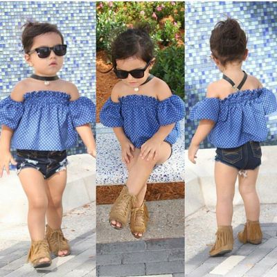 EVE Kids Girl Dot Print Top+Hole Jeans Shorts 2 Piece Sets YKTZ-1398