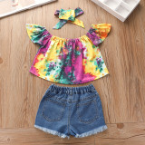 EVE Kids Girl Tie Dye Top+Hole Jeans Shorts+Headband 3 Piece Sets YKTZ-1228