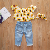 EVE Kids Girl Printed Top+Hole Jeans Pants+Headband 3 Piece Sets YKTZ-1281
