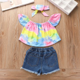 EVE Kids Girl Tie Dye Top+Jeans Shorts+Headband 3 Piece Sets YKTZ-1128