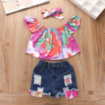 EVE Kids Girl Tie Dye Top+Jeans Shorts+Headband 3 Piece Sets YKTZ-1030