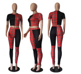 EVE Plaid Patchwork Short Sleeve Two Piece Pants Set BYMF-68888