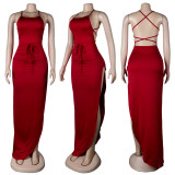 EVE Solid Sexy Backless Cross Strap High Split Maxi Dress NY-2003