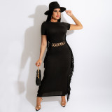 EVE Solid Tassel Short Sleeve O Neck Maxi Dress (Without Belt) MA-Y475