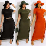 EVE Solid Tassel Short Sleeve O Neck Maxi Dress (Without Belt) MA-Y475