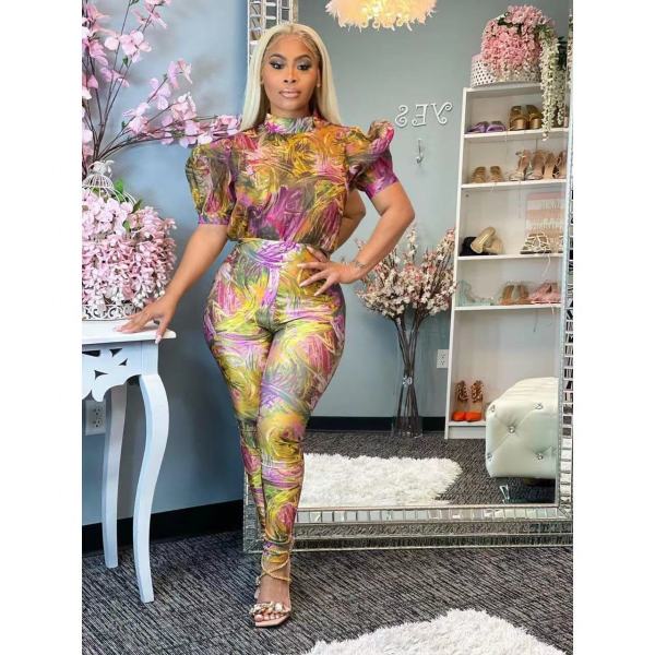 EVE Plus Size Sexy Printed Puff Sleeve Jumpsuit WAF-77423