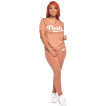 EVE Pink Letter Print V Neck T Shirt And Pants 2 Piece Sets GCNF-0158