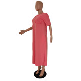 EVE Solid Short Sleeve Split Loose Long Dress GCNF-0109