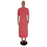 EVE Solid Short Sleeve Split Loose Long Dress GCNF-0109