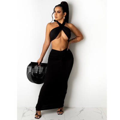 EVE Solid Sexy Wrap Chest Long Skirt 2 Piece Sets GCNF-0105