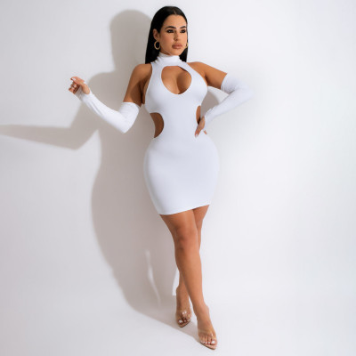 EVE Solid Sexy Hollow Out Mini Dress With Sleeves CJF-3056
