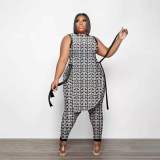 EVE Plus Size Printed Split Sleeveless Top And Pants Set PHF-13268
