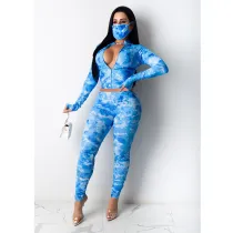 EVE Tie Dye Print Long Sleeve Zipper Two Piece Sets (With Mask) GCNF-0060