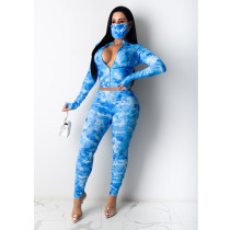 EVE Tie Dye Print Long Sleeve Zipper Two Piece Sets (With Mask) GCNF-0060