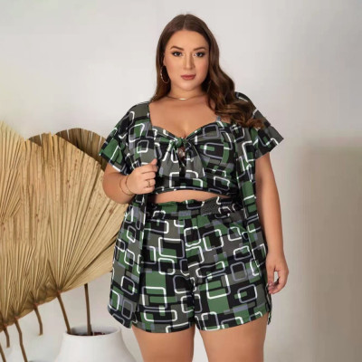 EVE Plus Size Printed Cami Top+Coat+Shorts 3 Piece Sets PHF-13269